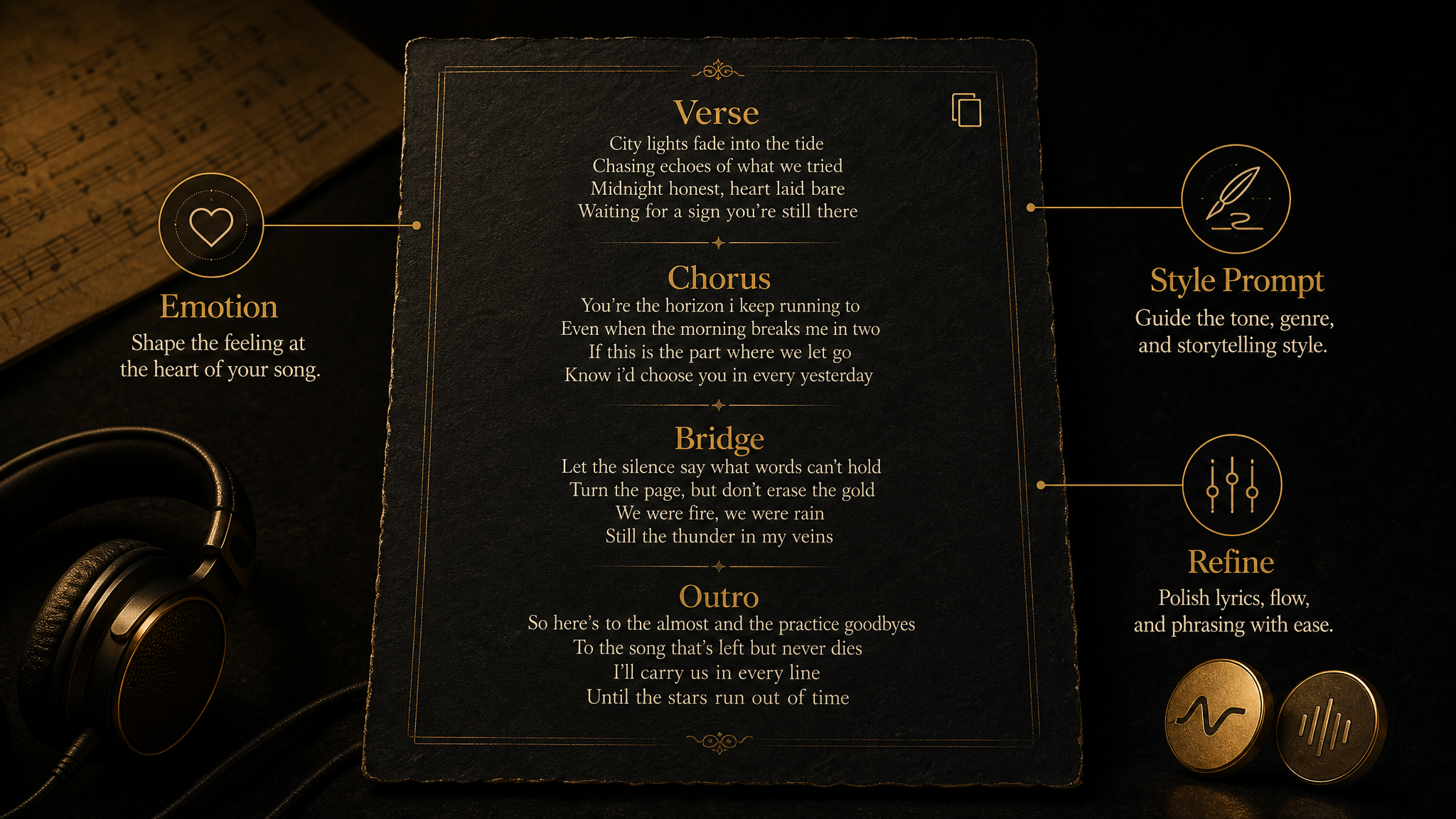 Structured AI-generated lyrics with verse, chorus, bridge, outro, emotion, style prompt, and refinement guidance