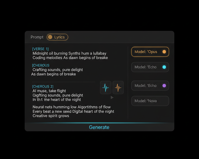 Doremiai AI music generator interface with prompt, lyrics, and model options
