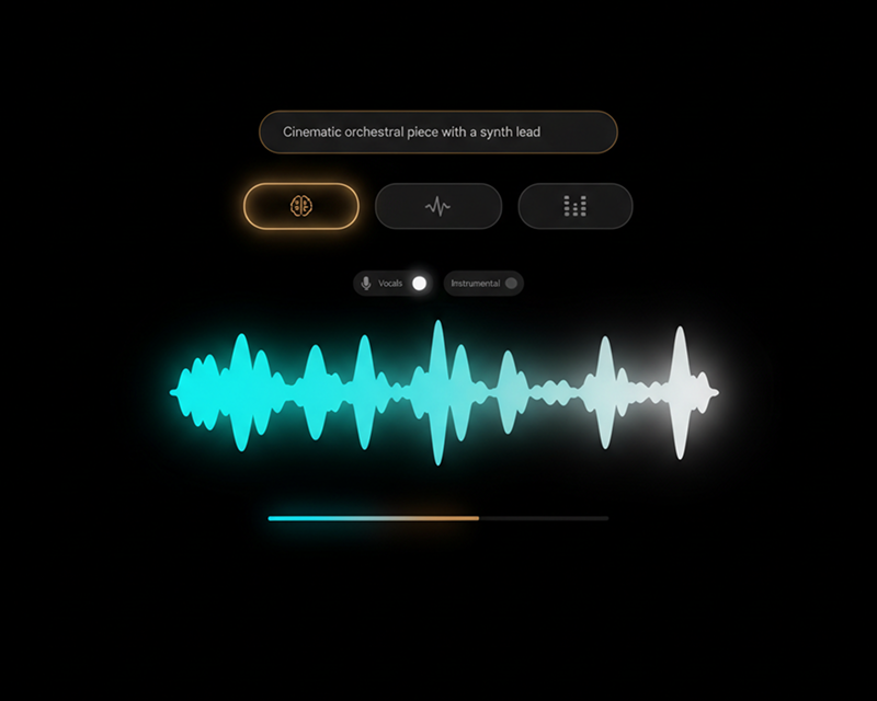 AI Music Generator workspace for creating songs from prompts and lyrics