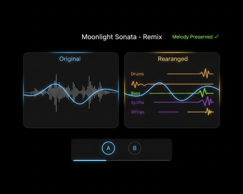 AI remix controls for source audio, musical style, and title