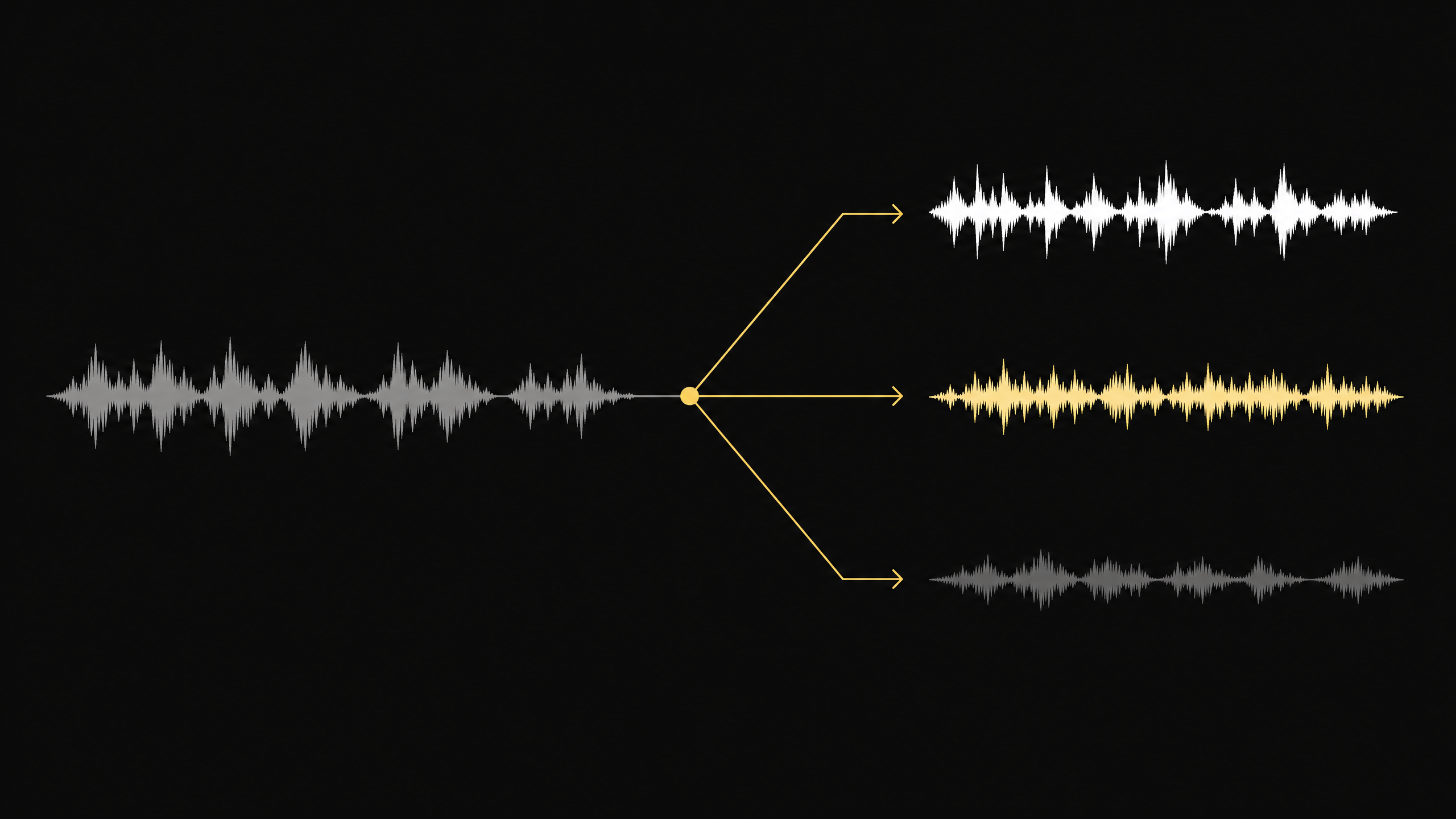 Separated vocal and instrumental sound represented as distinct colorful audio layers in a recording studio
